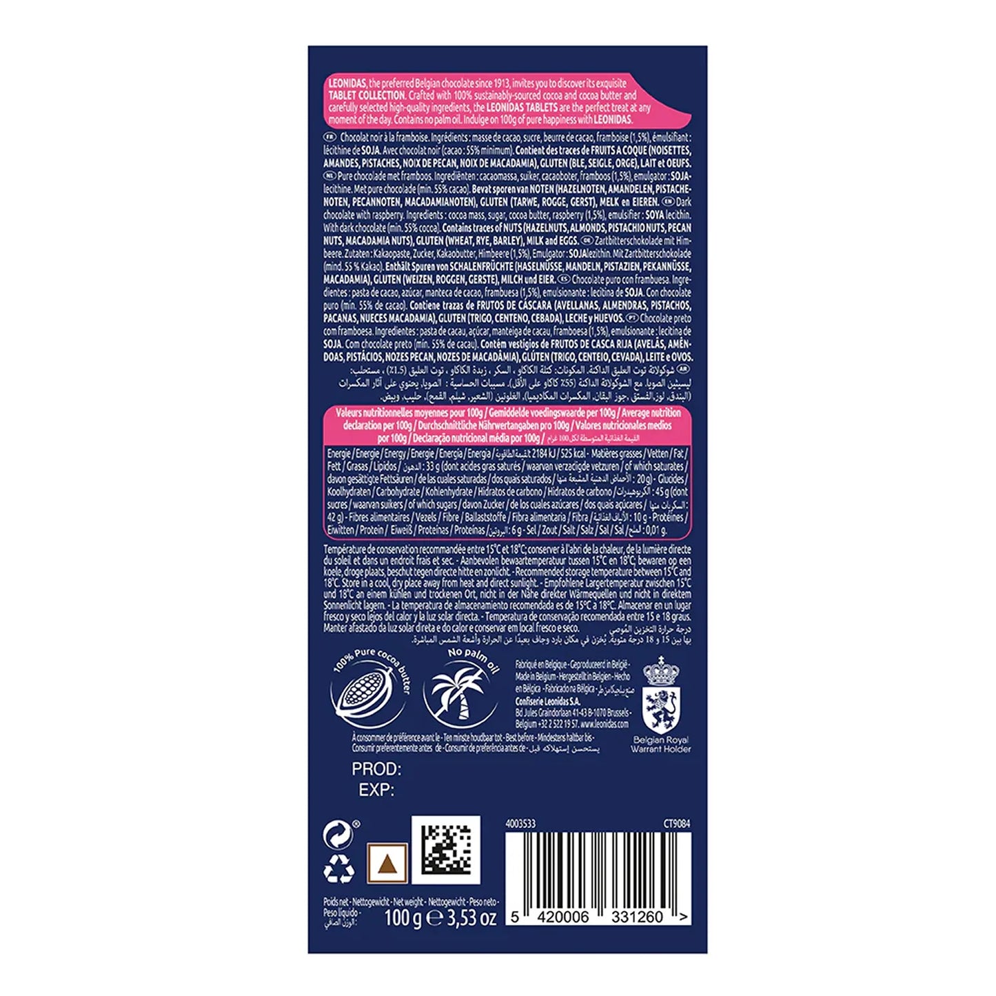 Leonidas Dark 54% Raspberry Bar 100g