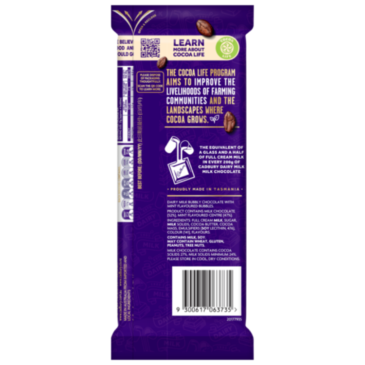 Cadbury Dairy Milk Bubbly Mint milk chocolate block 160g