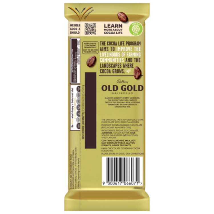 Cadbury Old Gold Dark Chocolate Roast Almond Block 180g